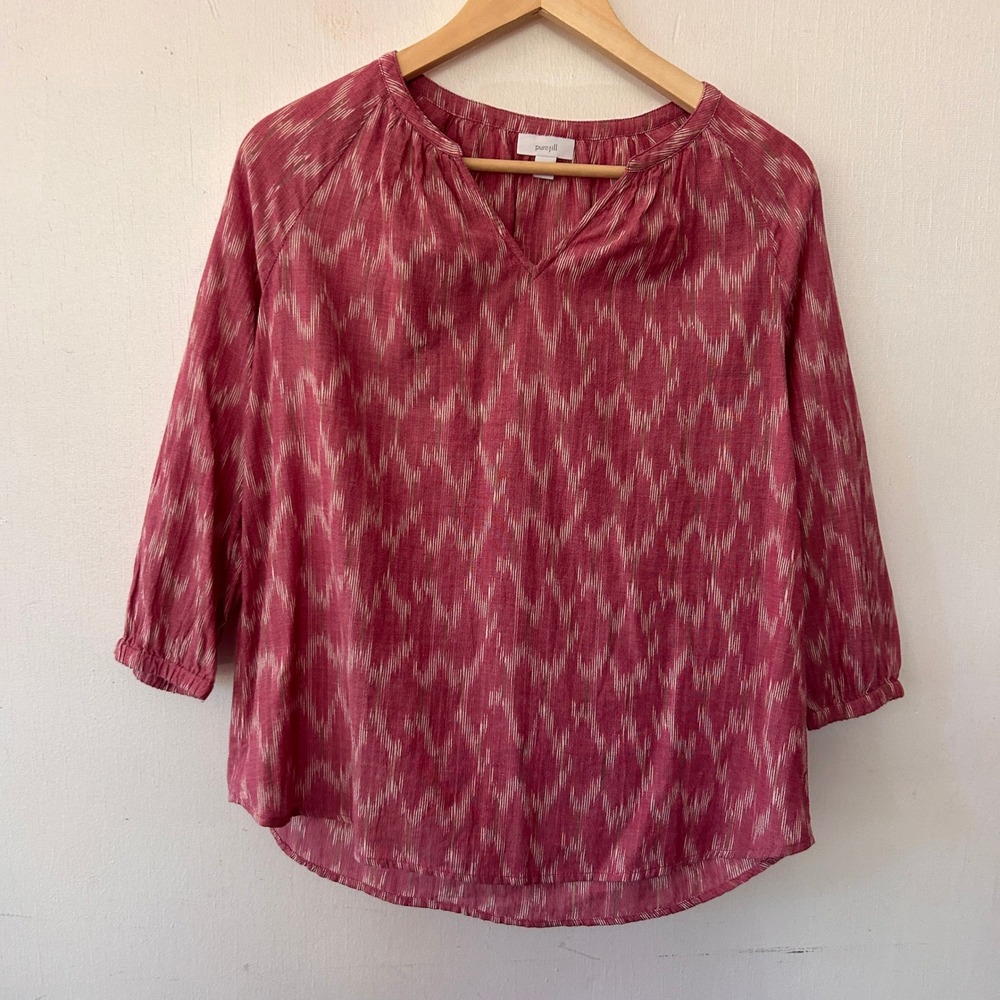 Pure Jill Peasant Blouse Women XS Pink Ikat Cotton 3/4 Sleeve V-Neck Boho Top
